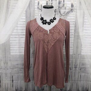 PAPER + TEE Women's Small Pink V Neck Lace Long Sleeve Boho High Low Tunic Shirt